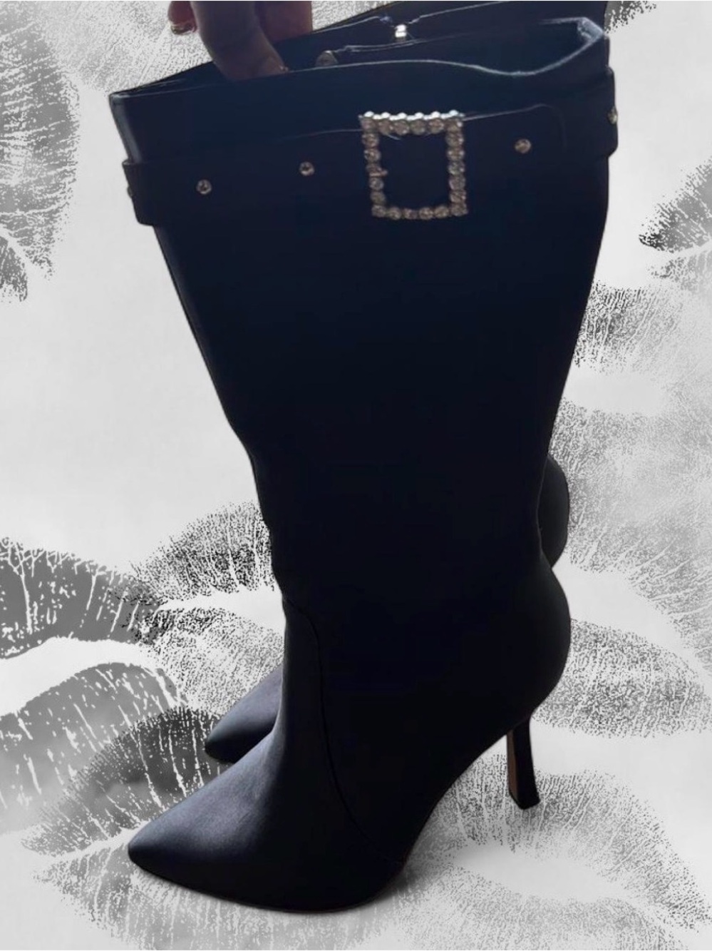 Elegant Black Mid-Calf Stiletto Boots with Rhinestone Buckle